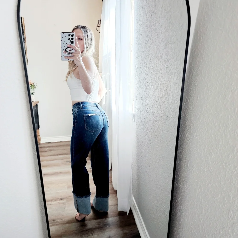 Risen Mid Rise Dark Wash Slim Wide Leg Wide Cuff Denim Jeans Stretch Various NEW - Picture 10 of 11